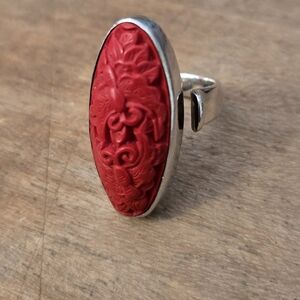 Sajen Carved Cinnabar Adjustable Sterling Silver Ring